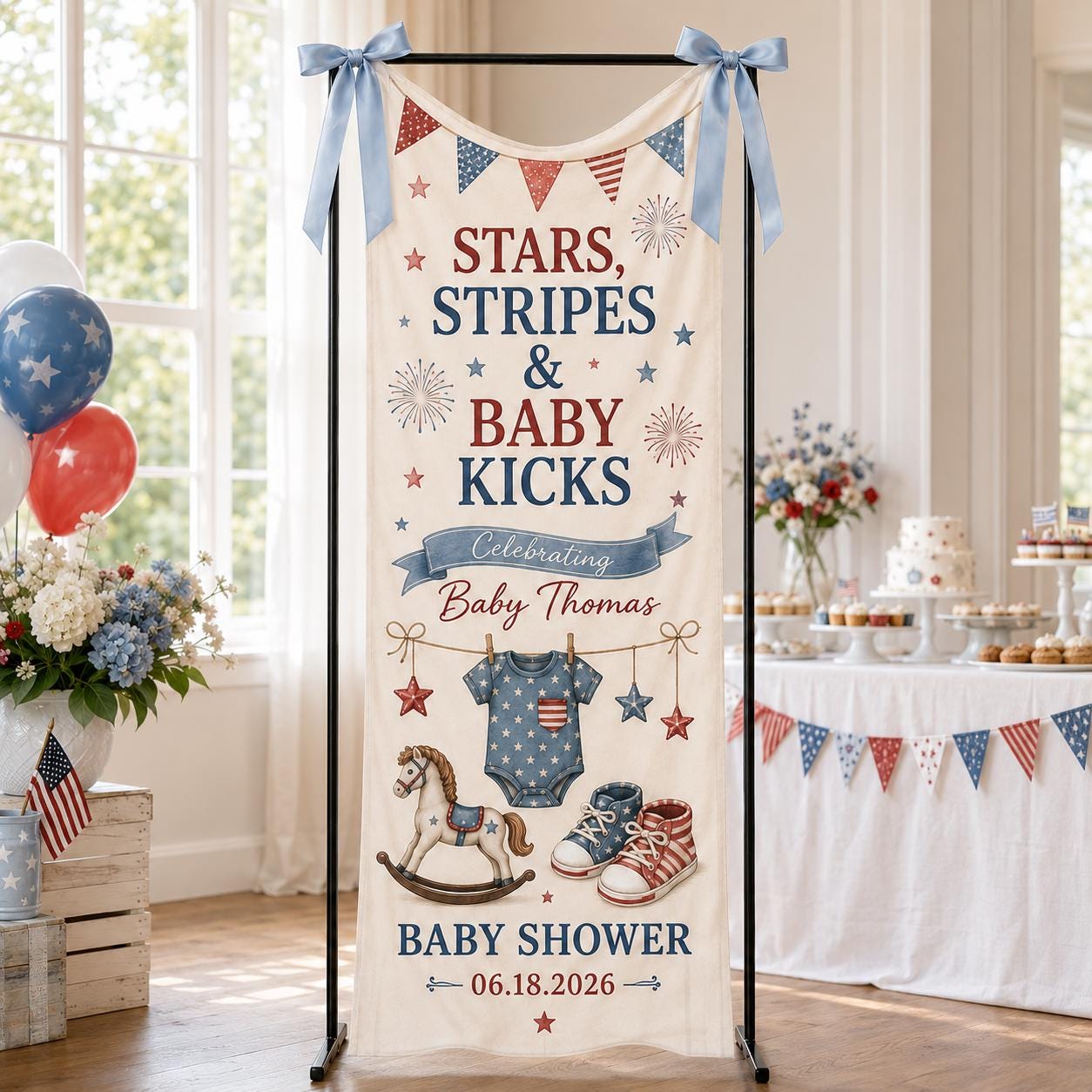 Patriotic Baby Shower Banner, Stars Stripes Baby Kicks Backdrop, Custom Name Decor - product image 1