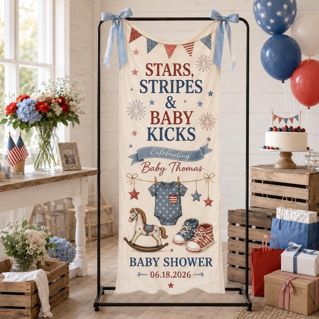 Patriotic Baby Shower Banner, Stars Stripes Baby Kicks Backdrop, Custom Name Decor - product image 3