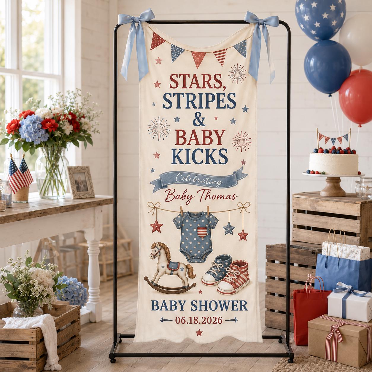 Patriotic Baby Shower Banner, Stars Stripes Baby Kicks Backdrop, Custom Name Decor - product image 4
