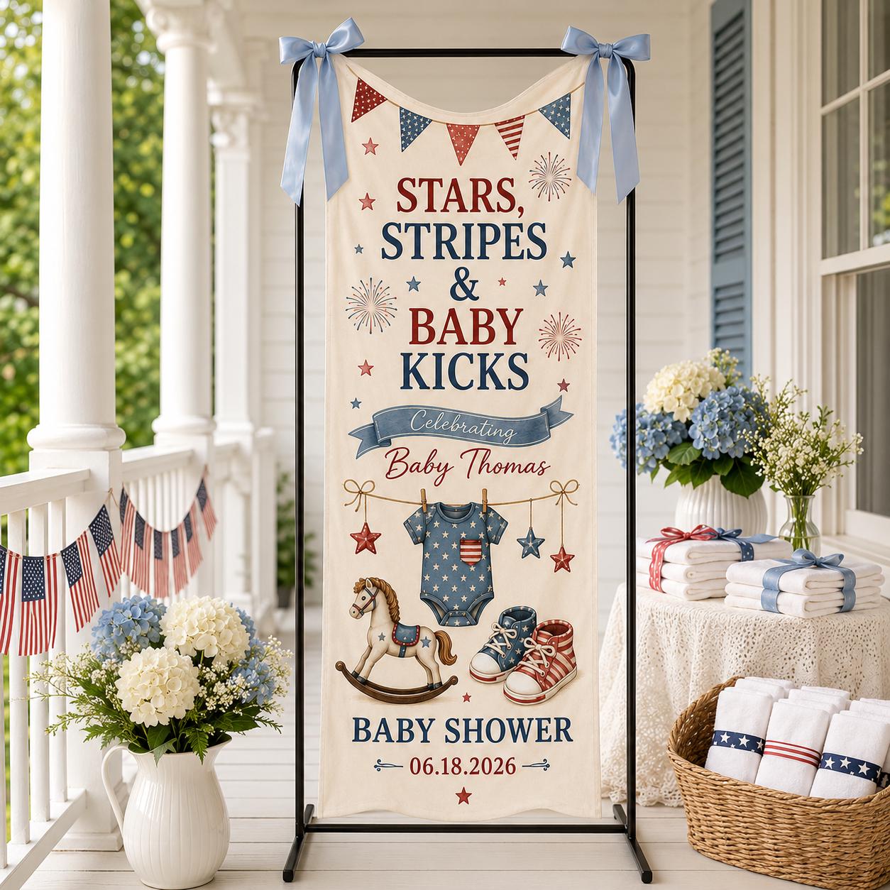 Patriotic Baby Shower Banner, Stars Stripes Baby Kicks Backdrop, Custom Name Decor - product image 9