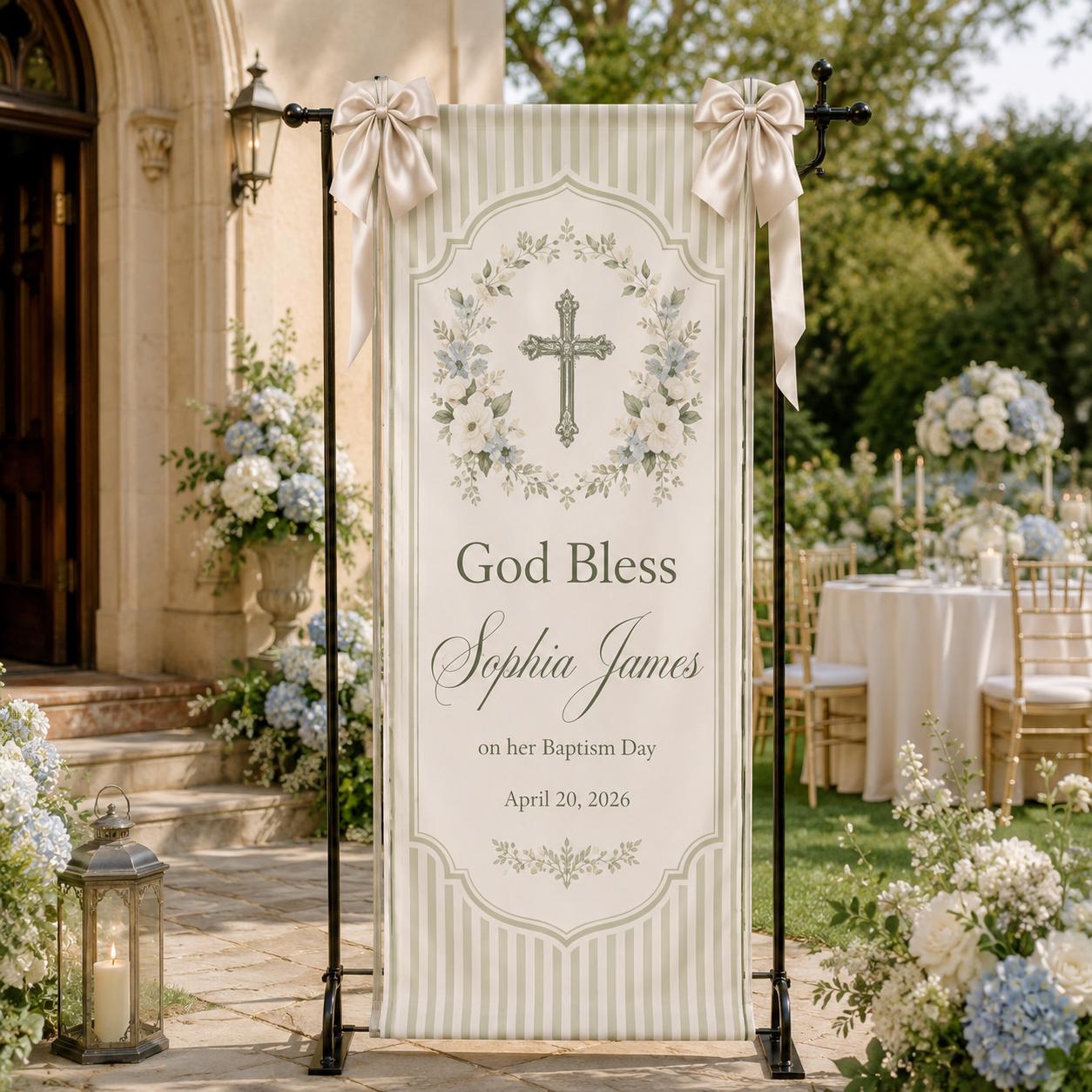 Personalized Baptism Fabric Banner, God Bless Christening Backdrop, Custom Baby Sign - product image 5