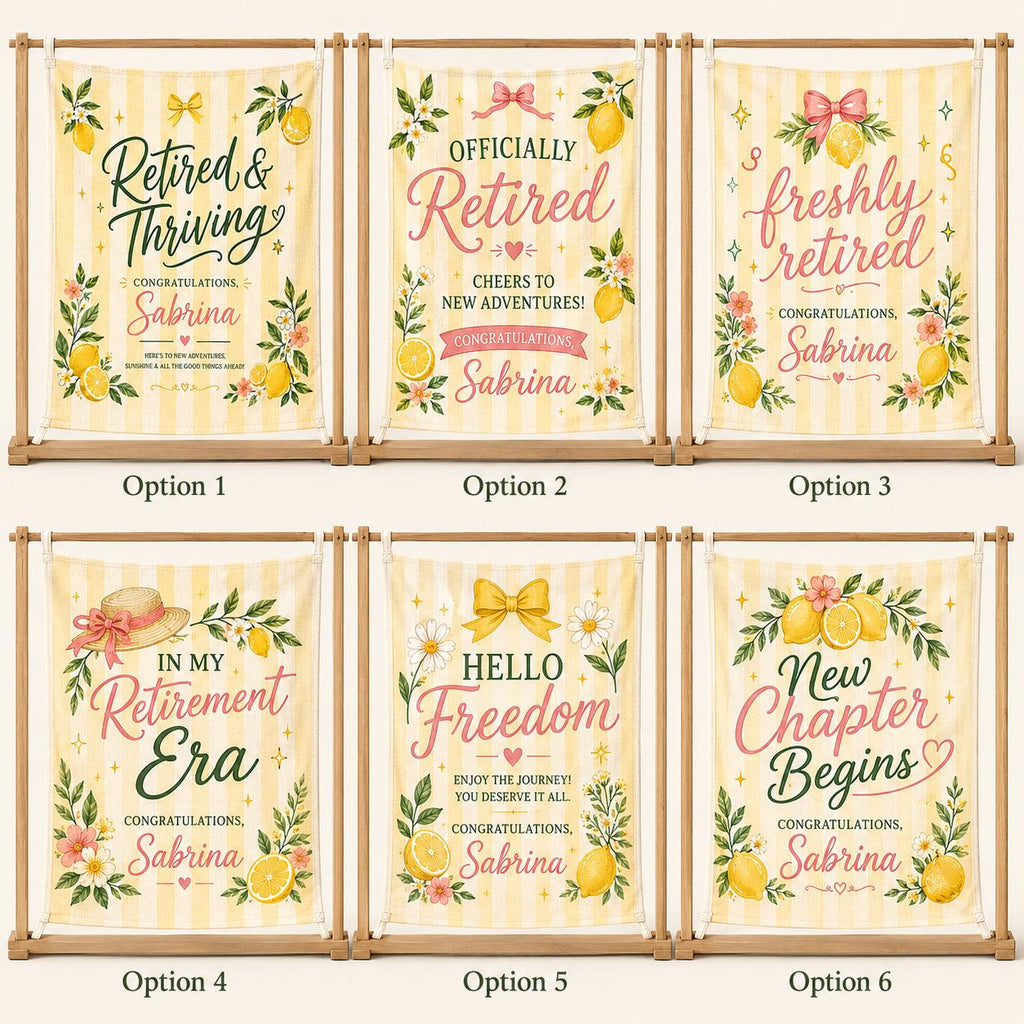 Retirement Linen Tapestry, Personalized Retired And Thriving Banner, Custom Lemon Garden Party Decor - product image 2