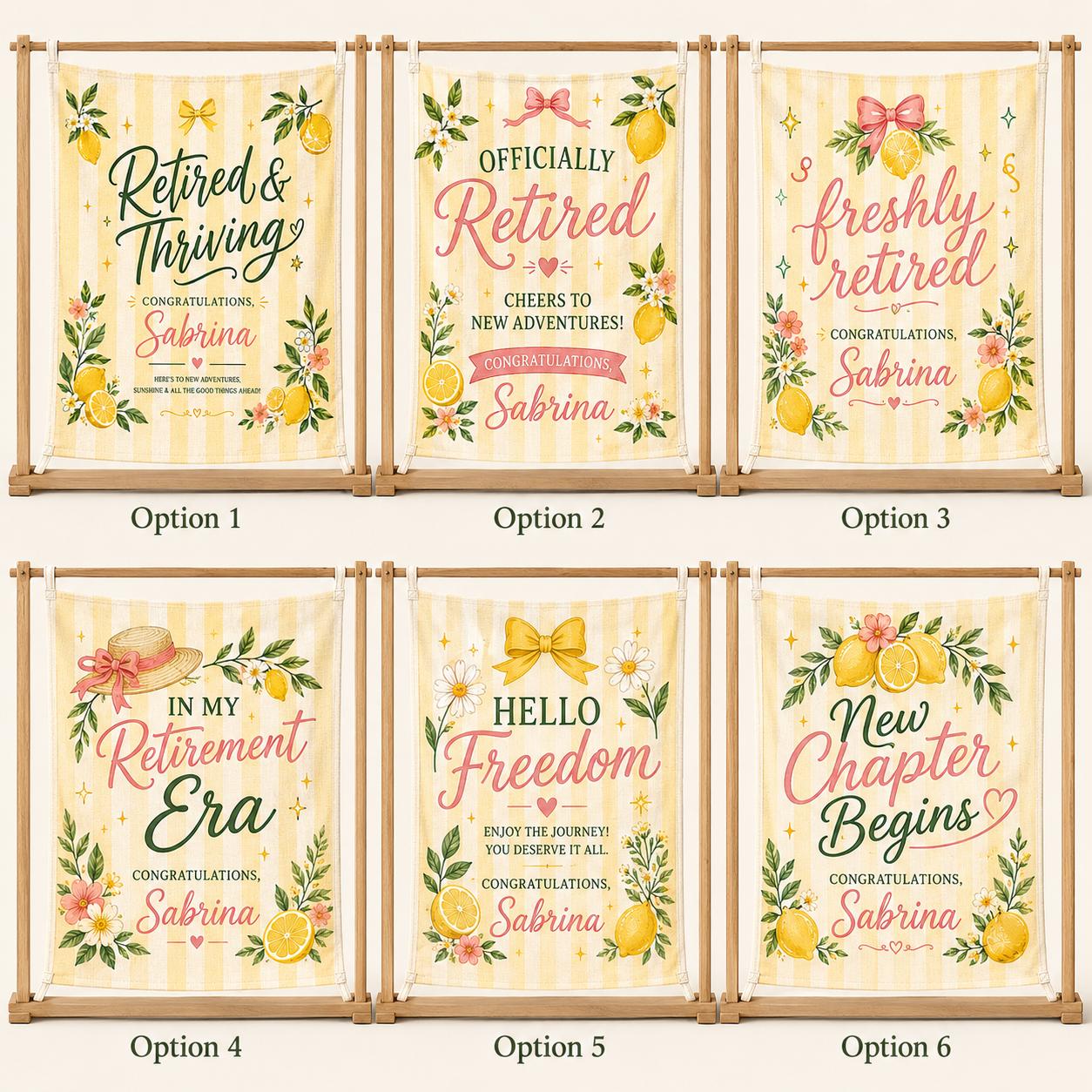 Retirement Linen Tapestry, Personalized Retired And Thriving Banner, Custom Lemon Garden Party Decor - product image 2
