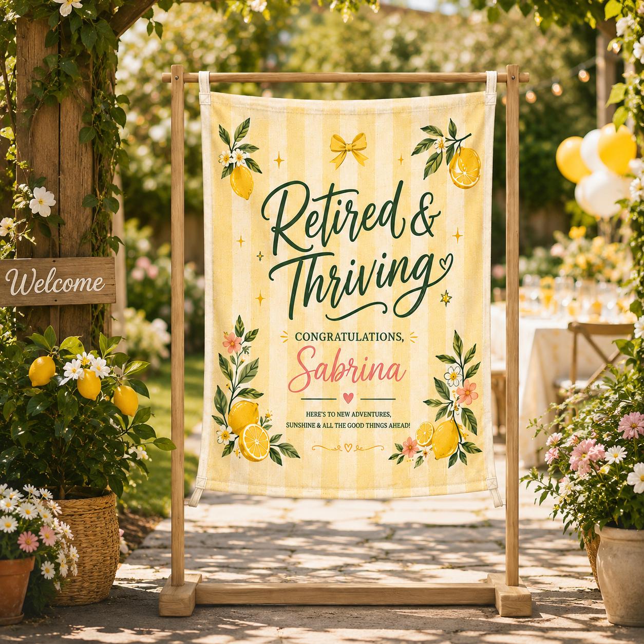 Retirement Linen Tapestry, Personalized Retired And Thriving Banner, Custom Lemon Garden Party Decor - product image 5