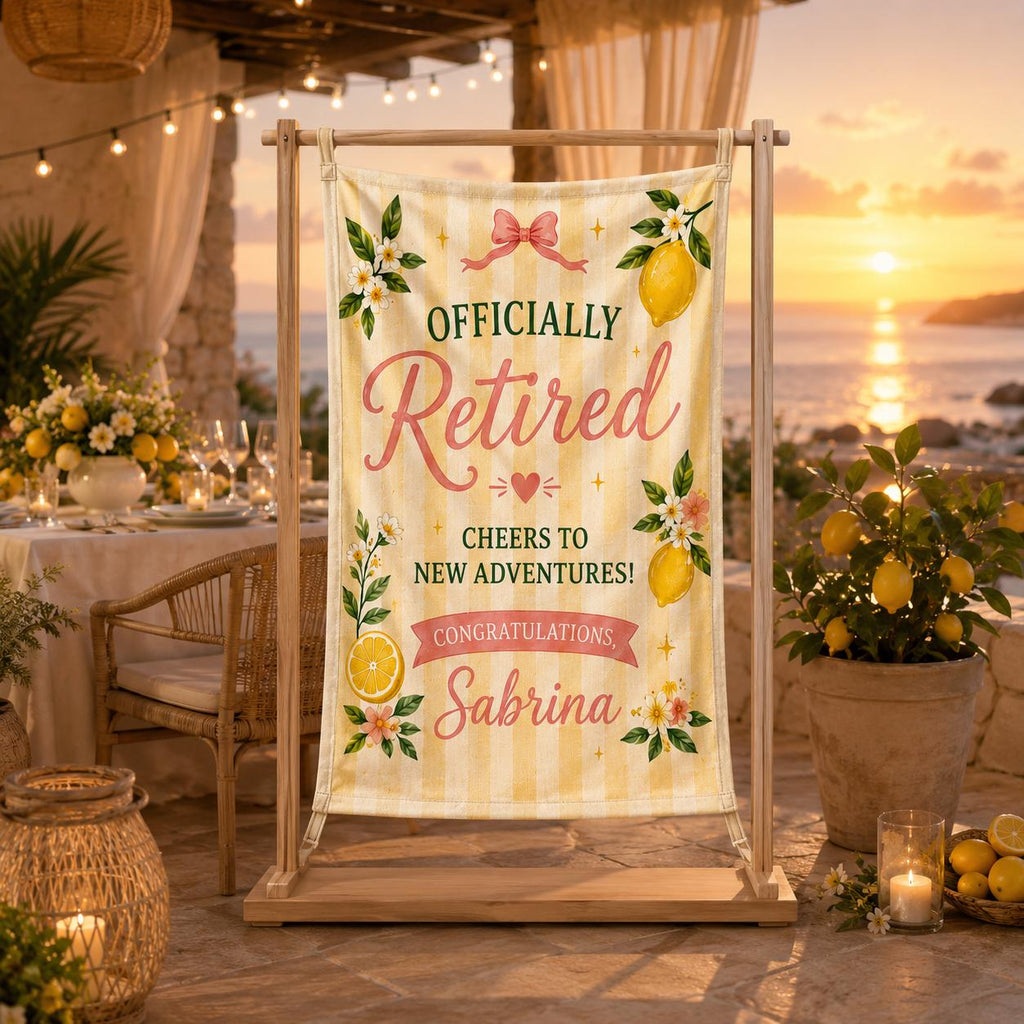 Retirement Linen Tapestry, Personalized Retired And Thriving Banner, Custom Lemon Garden Party Decor - product image 6