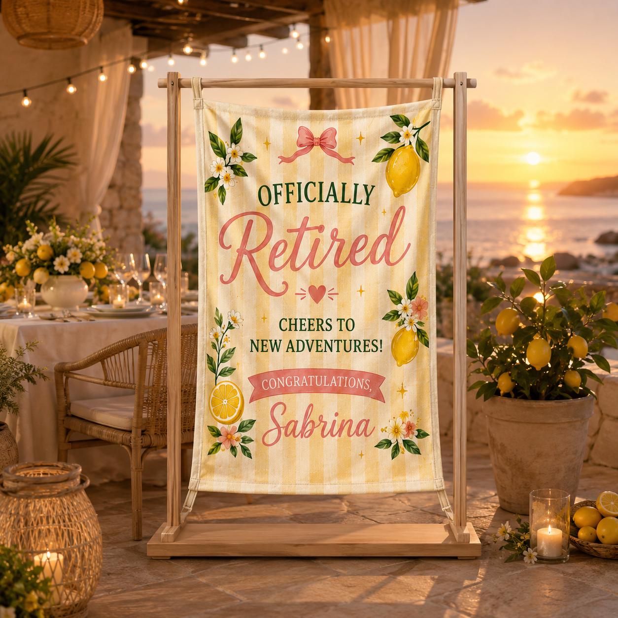 Retirement Linen Tapestry, Personalized Retired And Thriving Banner, Custom Lemon Garden Party Decor - product image 6