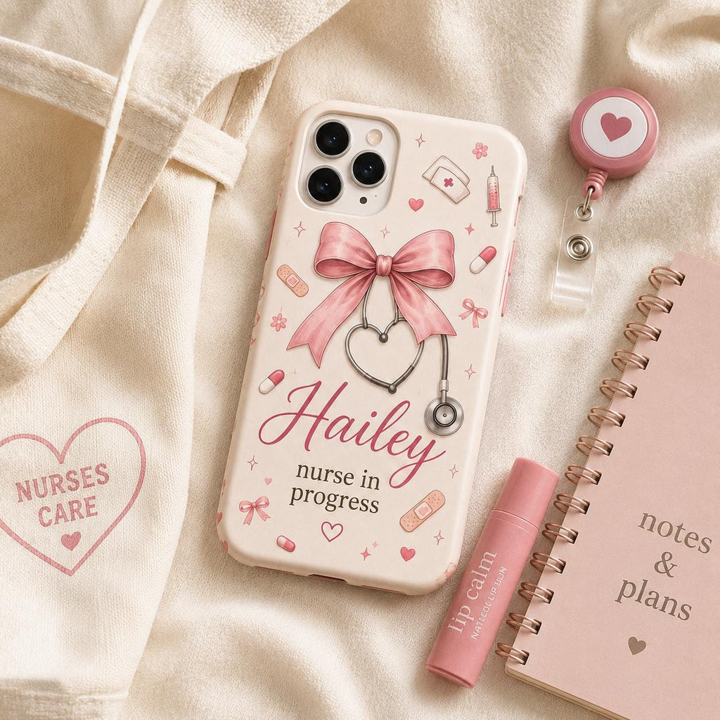Personalized Nurse Phone Case, Custom Name RN Case, Pink Coquette Nursing Student Gift