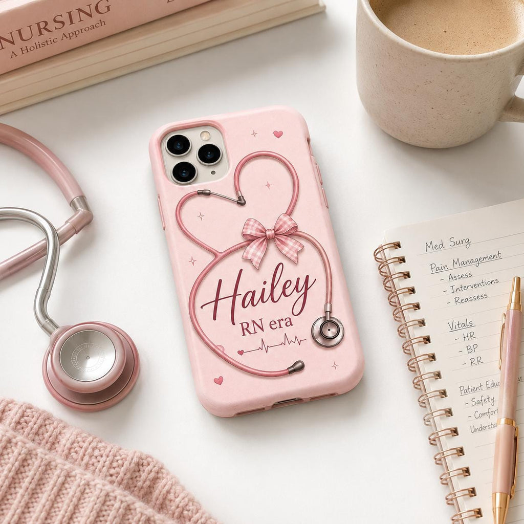 Personalized Nurse Phone Case, Custom Name RN Case, Pink Coquette Nursing Student Gift