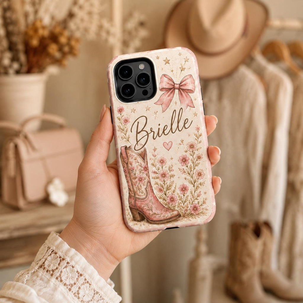 Personalized Cowgirl Phone Case, Custom Name Western Floral Case, Pink Cowboy Boot Gift