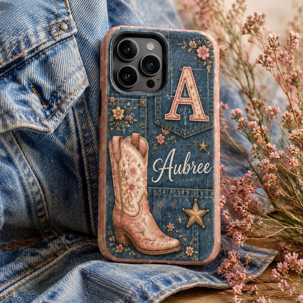 Personalized Cowgirl Phone Case, Custom Name Western Floral Case, Pink Cowboy Boot Gift