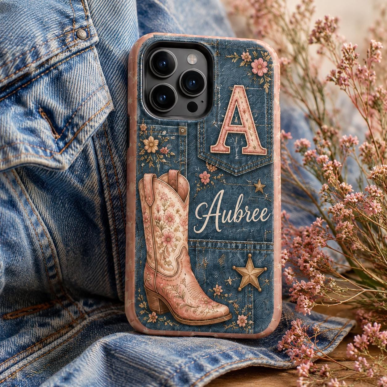 Personalized Cowgirl Phone Case, Custom Name Western Floral Case, Pink Cowboy Boot Gift