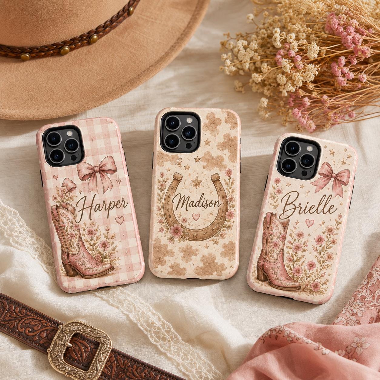 Personalized Cowgirl Phone Case, Custom Name Western Floral Case, Pink Cowboy Boot Gift
