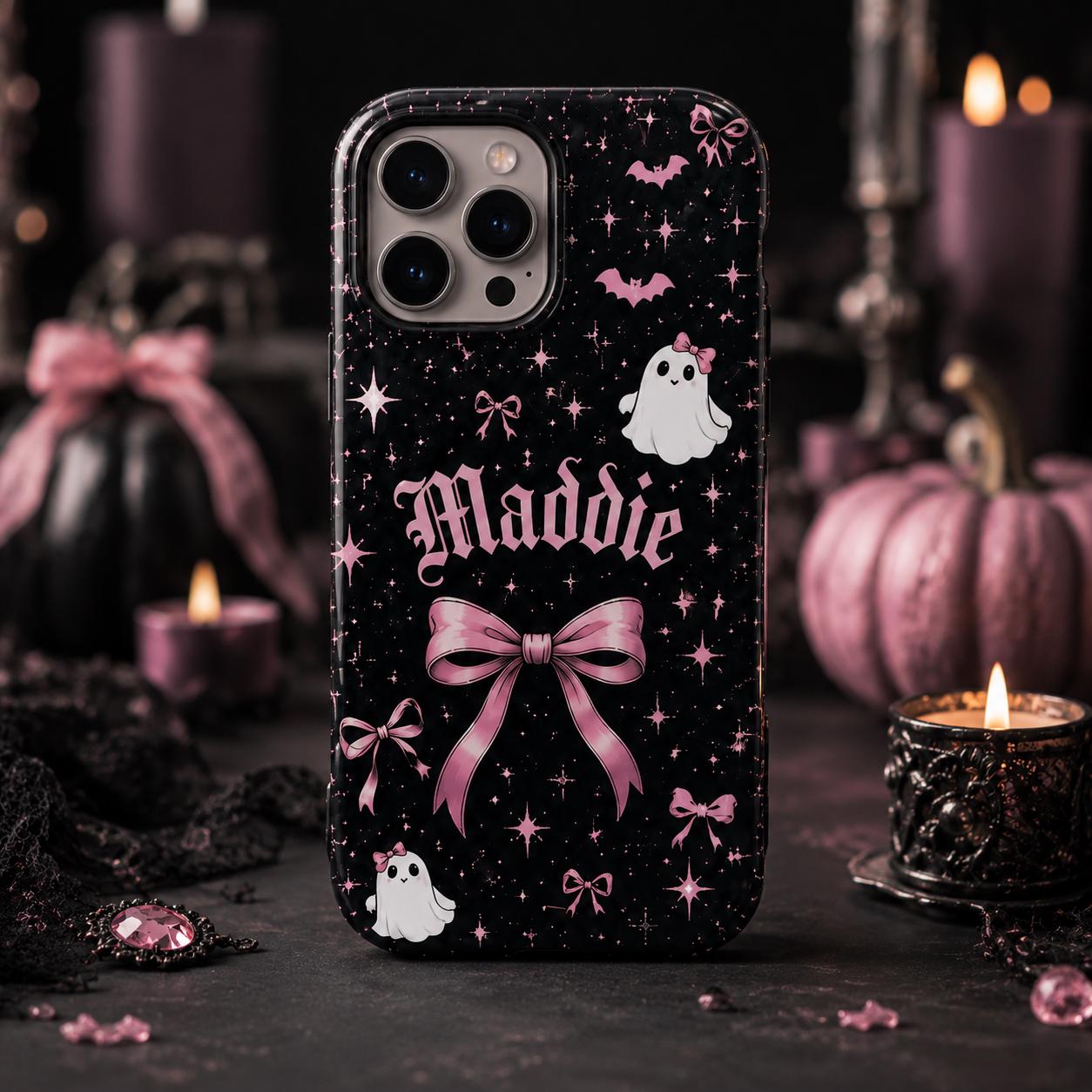 Personalized Gothic Pink Ghost Phone Case, Custom Name Spooky Coquette Style