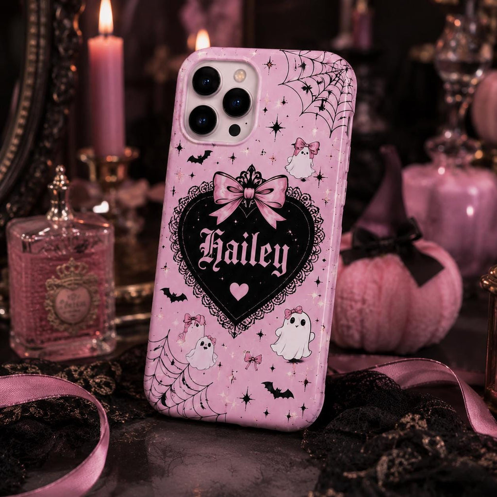 Personalized Gothic Pink Ghost Phone Case, Custom Name Spooky Coquette Style
