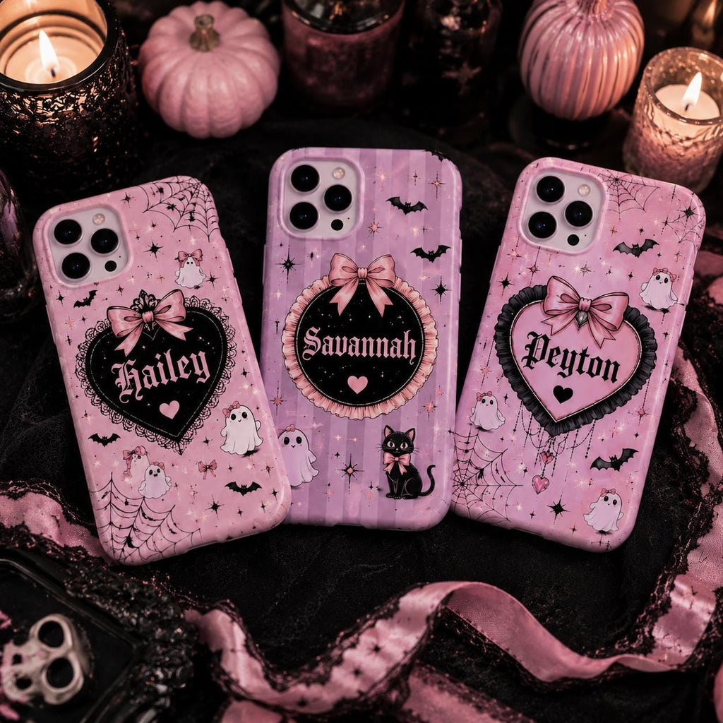Personalized Gothic Pink Ghost Phone Case, Custom Name Spooky Coquette Style