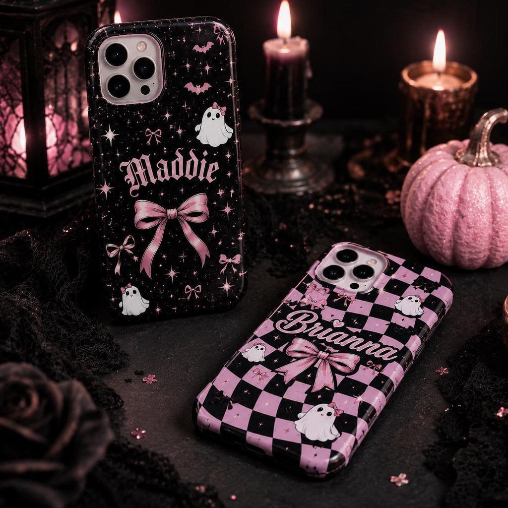 Personalized Gothic Pink Ghost Phone Case, Custom Name Spooky Coquette Style