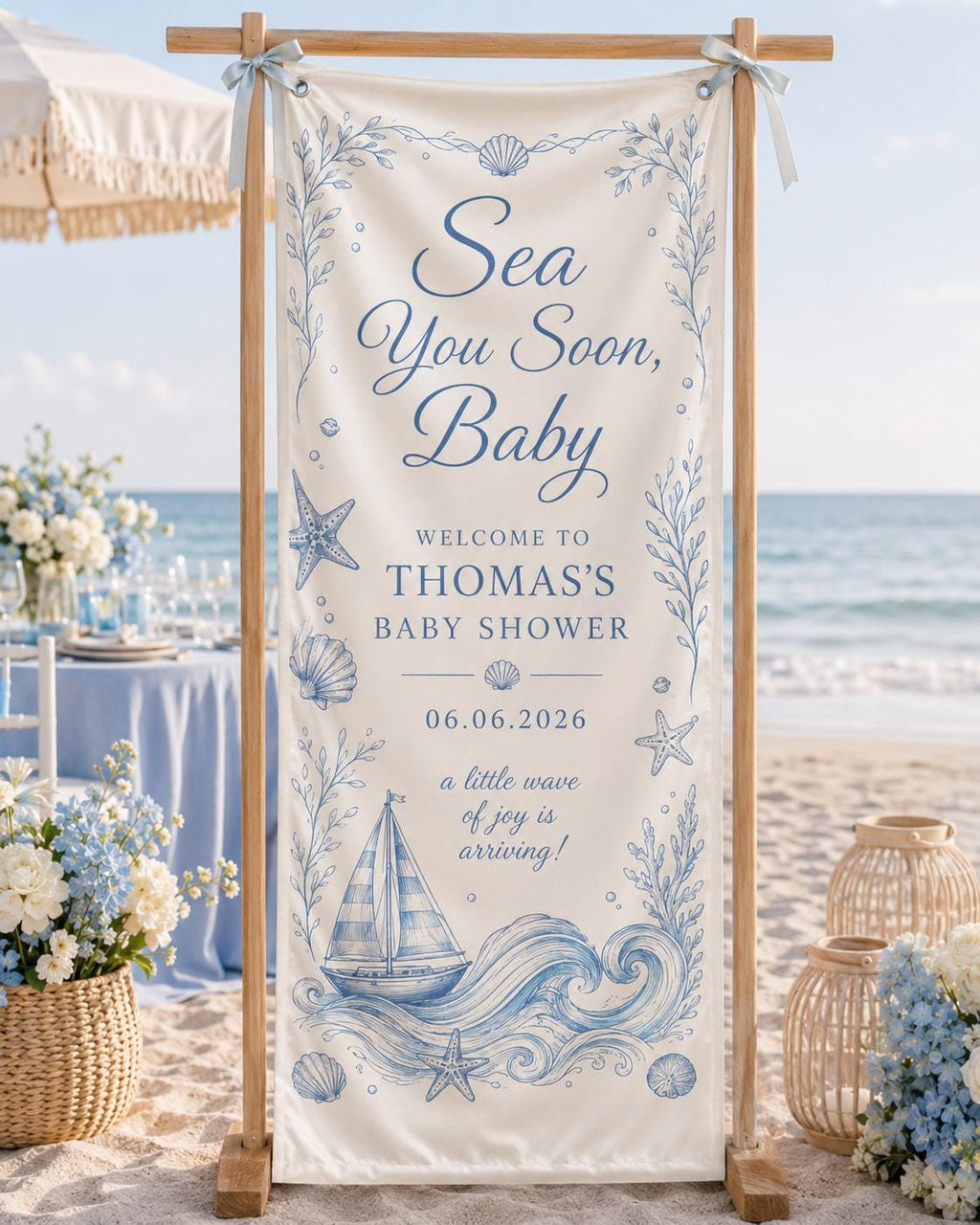 Coastal Baby Shower Fabric Banner, Ocean Theme Welcome Sign, Personalized Beach Decor - product image 1
