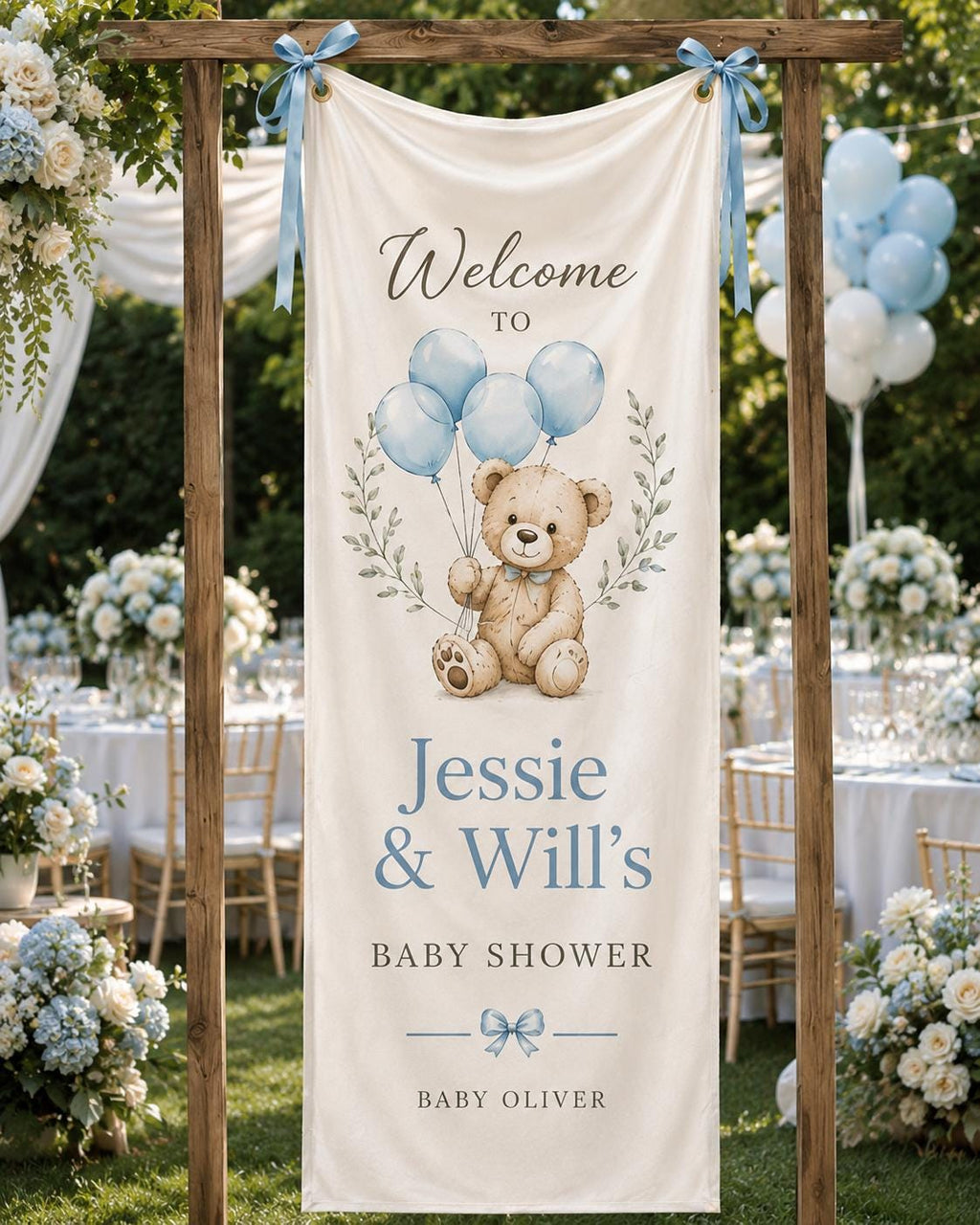 Teddy Bear Baby Shower Fabric Banner, Personalized Welcome Sign, Blue Backdrop - product image 8