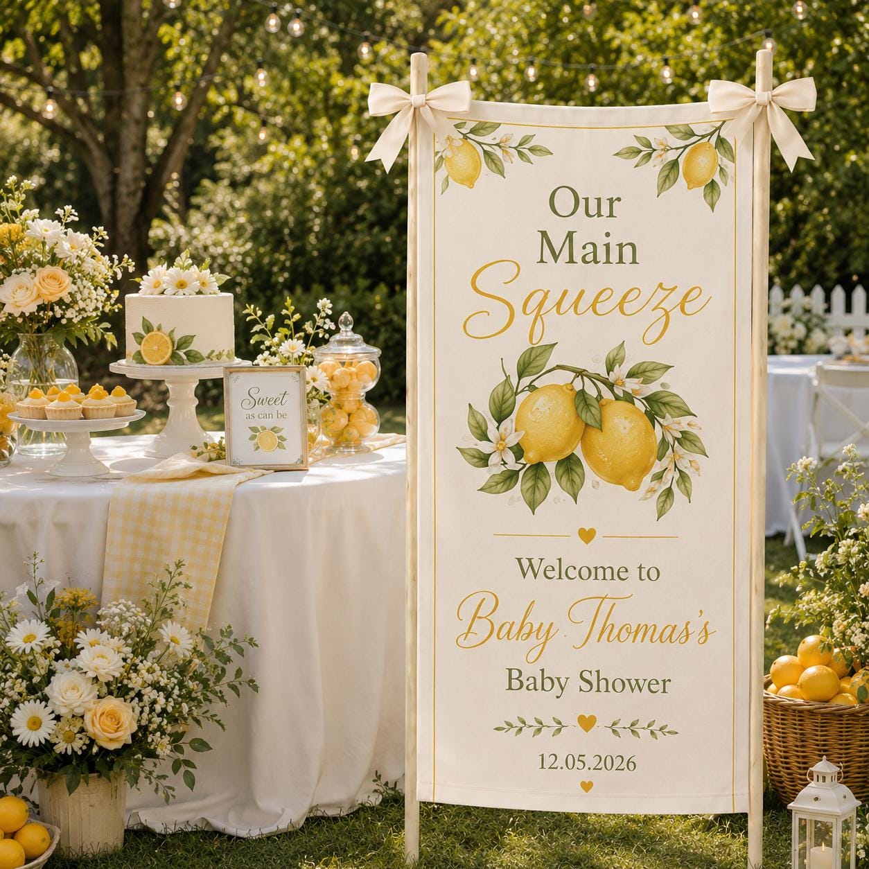 A Little Lemon Baby Shower Banner, Citrus Party Fabric Backdrop, Custom Name Decor - product image 6