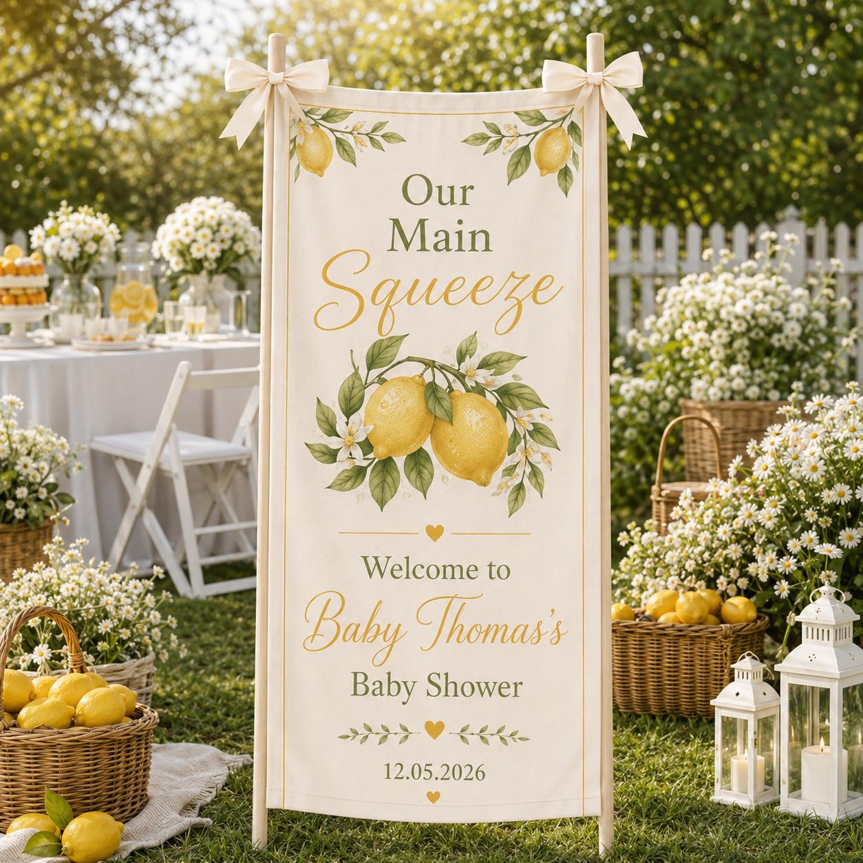 A Little Lemon Baby Shower Banner, Citrus Party Fabric Backdrop, Custom Name Decor - product image 8
