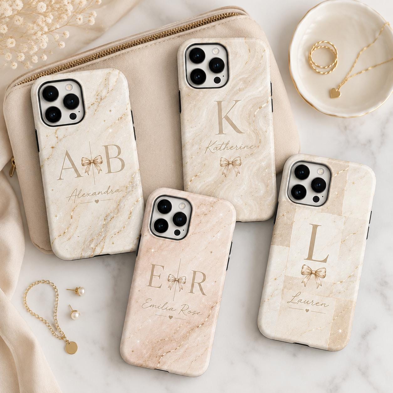 Personalized Initial Phone Case, Custom Name Monogram Tough Case, Marble Bow Gift For Her
