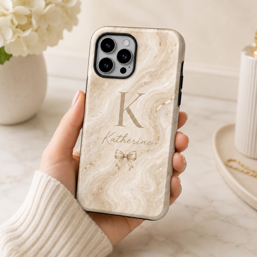 Personalized Initial Phone Case, Custom Name Monogram Tough Case, Marble Bow Gift For Her