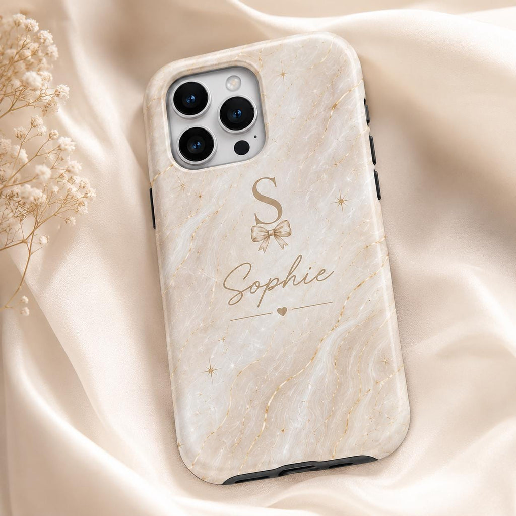 Personalized Initial Phone Case, Custom Name Monogram Tough Case, Marble Bow Gift For Her