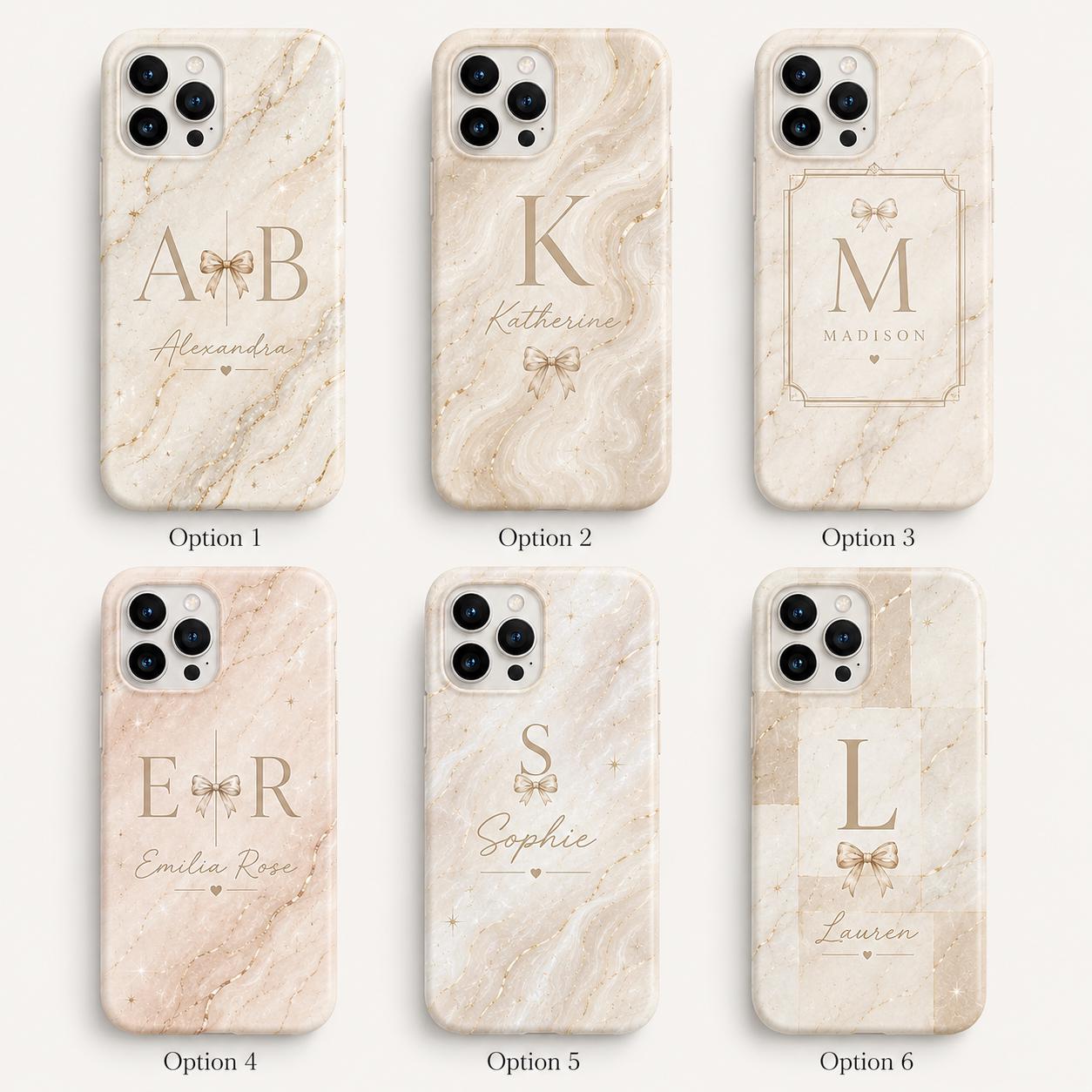 Personalized Initial Phone Case, Custom Name Monogram Tough Case, Marble Bow Gift For Her