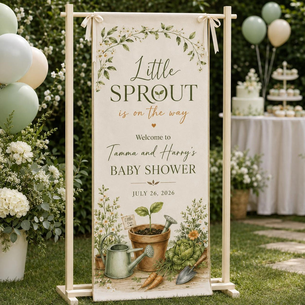 Botanical Baby Shower Banner, Personalized "Little Sprout" Fabric Backdrop, Custom Name Party Decor - product image 1