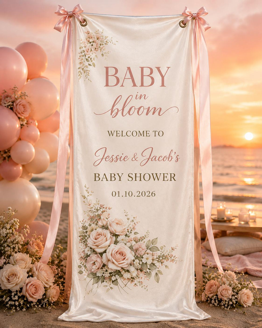 Floral Baby Shower Banner, Personalized Welcome Sign, Garden Backdrop, Satin Fabric - product image 4