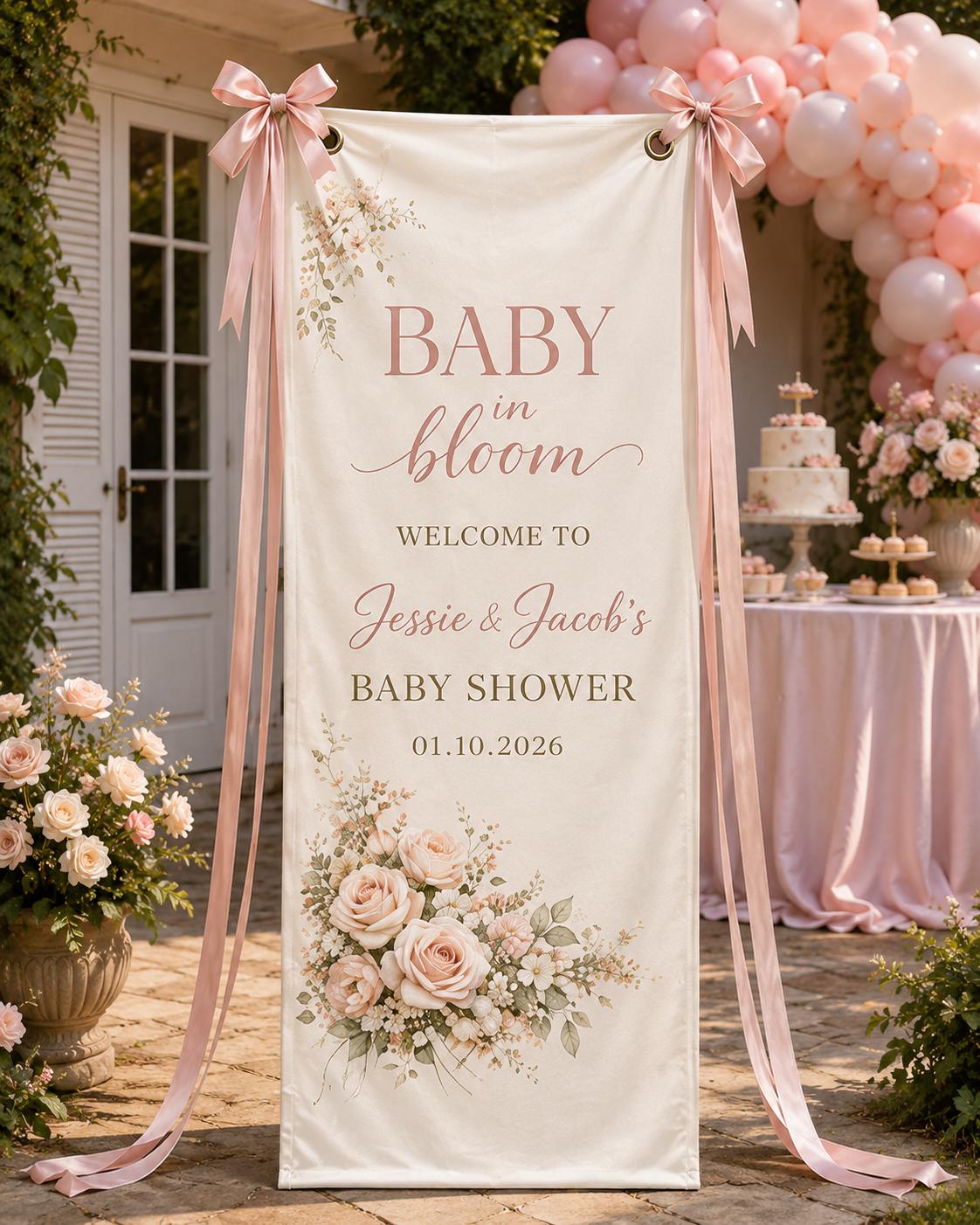 Floral Baby Shower Banner, Personalized Welcome Sign, Garden Backdrop, Satin Fabric - product image 6