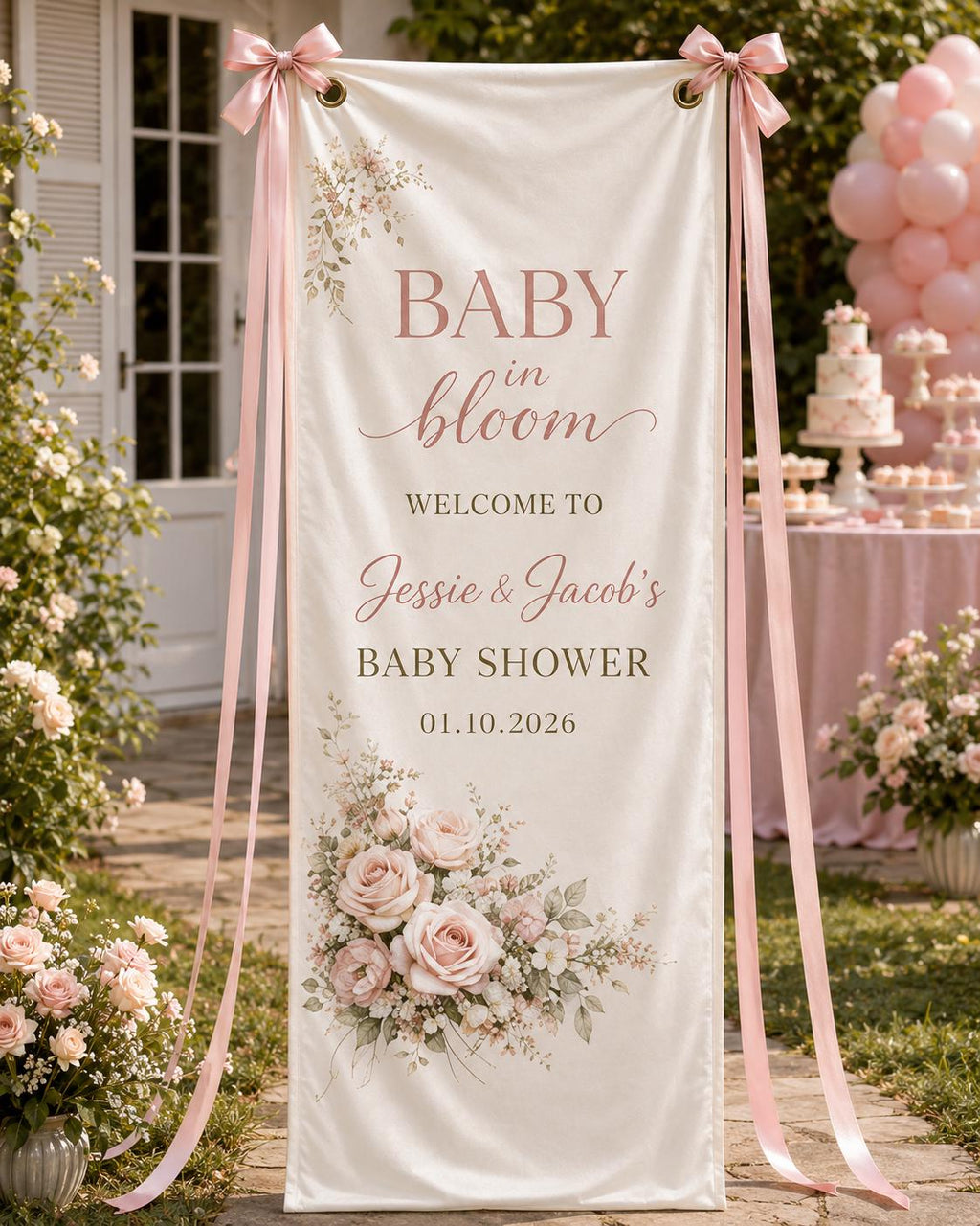 Floral Baby Shower Banner, Personalized Welcome Sign, Garden Backdrop, Satin Fabric - product image 8