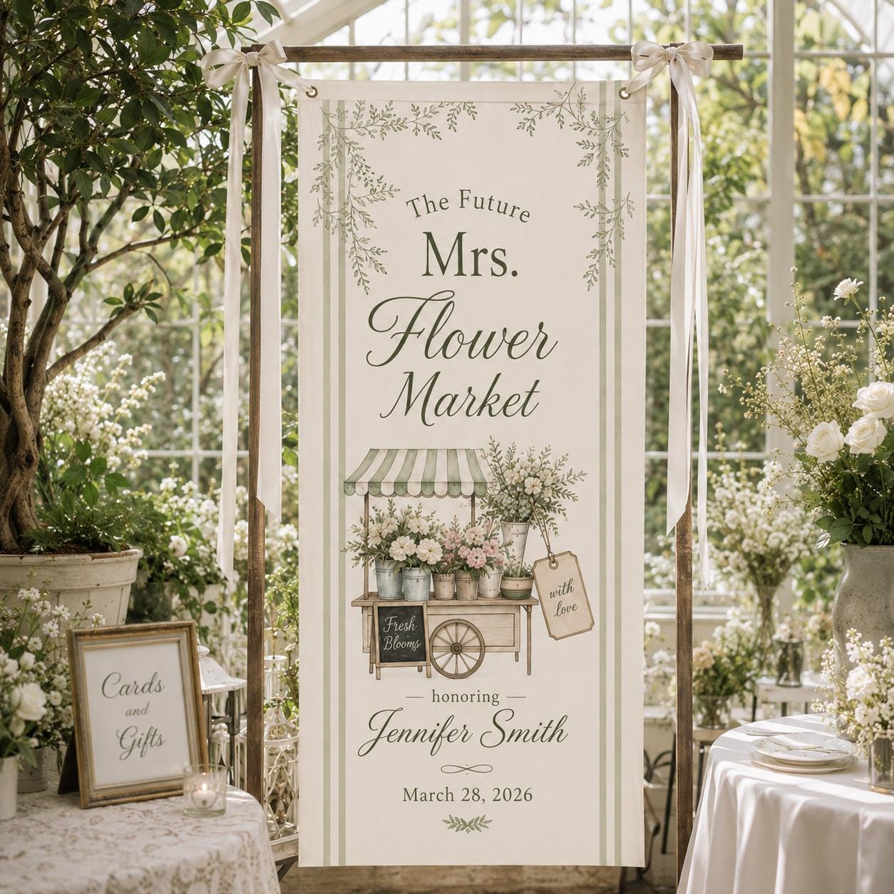 Personalized Flower Market Bridal Shower Banner, Garden Fabric Backdrop, Future Mrs Party Decor - product image 10