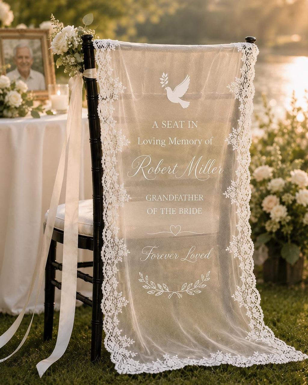 Reserved Memorial Chair Lace Banner, Personalized Wedding Remembrance Sign, Custom Sheer Tribute Decor - product image 3