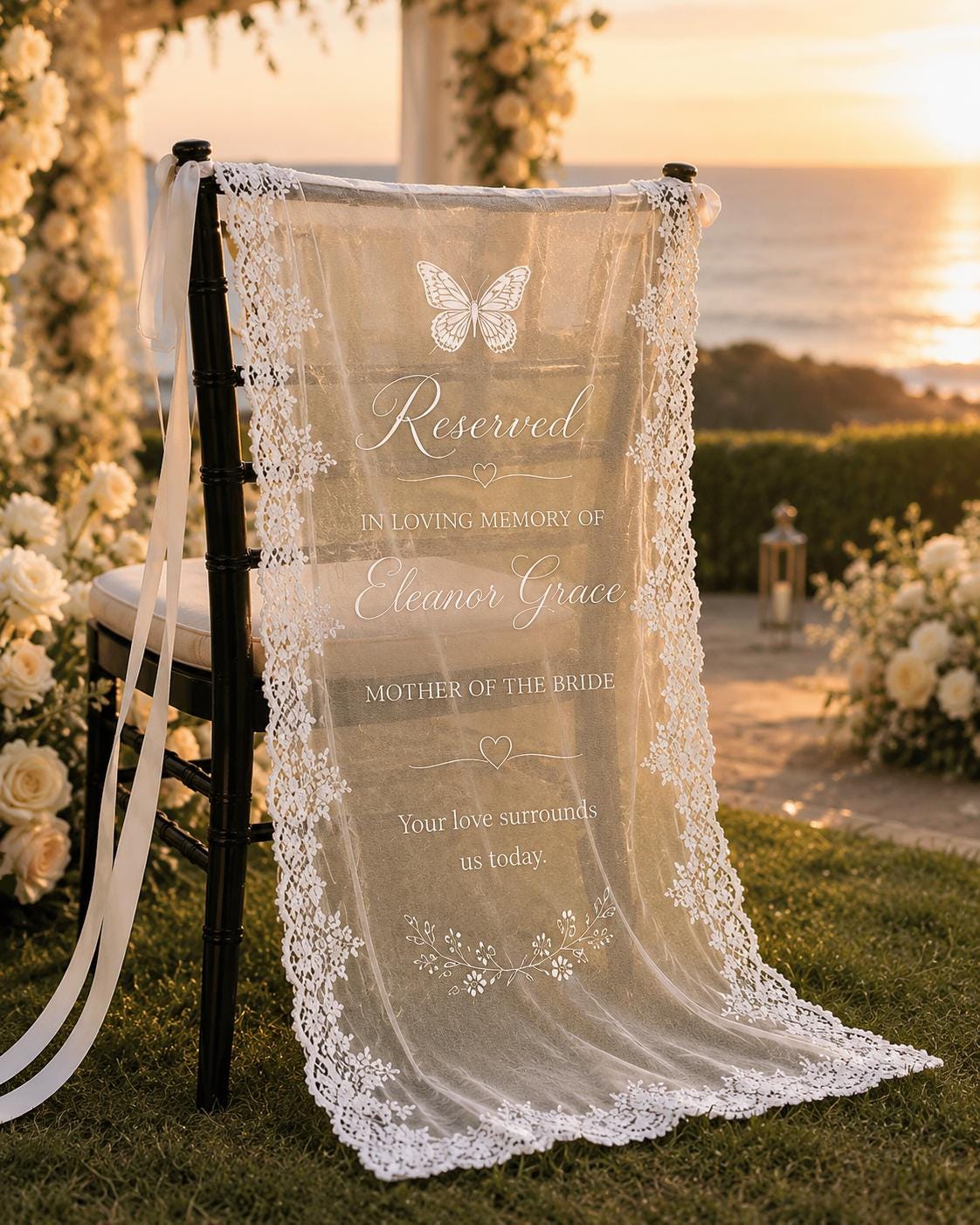 Reserved Memorial Chair Lace Banner, Personalized Wedding Remembrance Sign, Custom Sheer Tribute Decor - product image 1