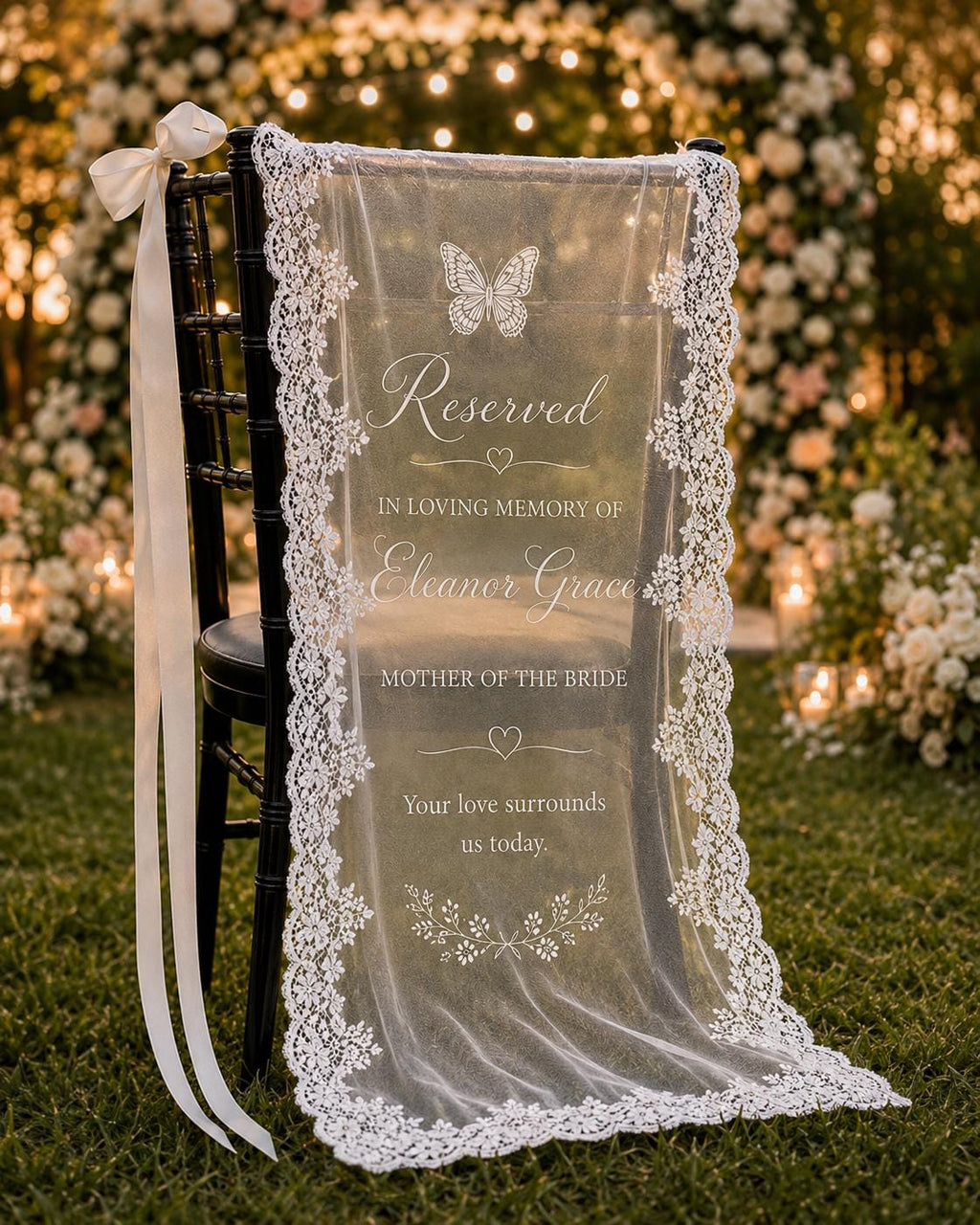 Reserved Memorial Chair Lace Banner, Personalized Wedding Remembrance Sign, Custom Sheer Tribute Decor - product image 4
