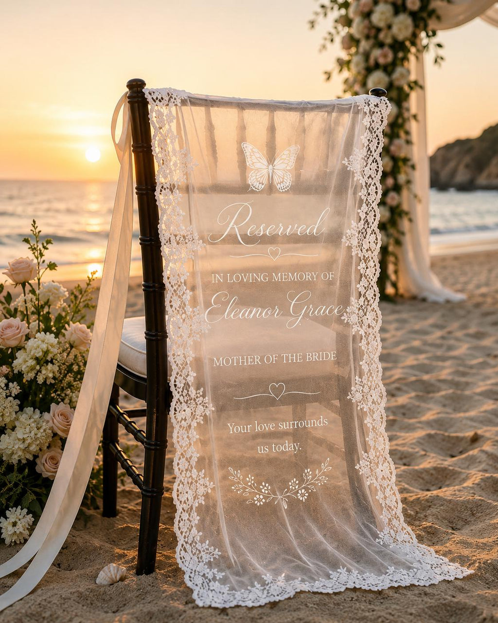 Reserved Memorial Chair Lace Banner, Personalized Wedding Remembrance Sign, Custom Sheer Tribute Decor - product image 9