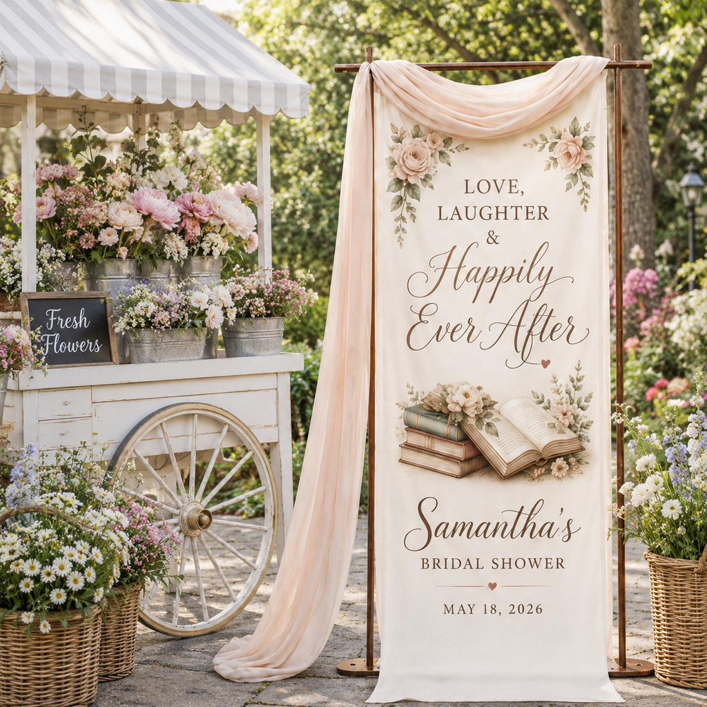 Personalized Bridal Shower Fabric Banner, Book Lover Backdrop, Literary Event Decor - product image 1