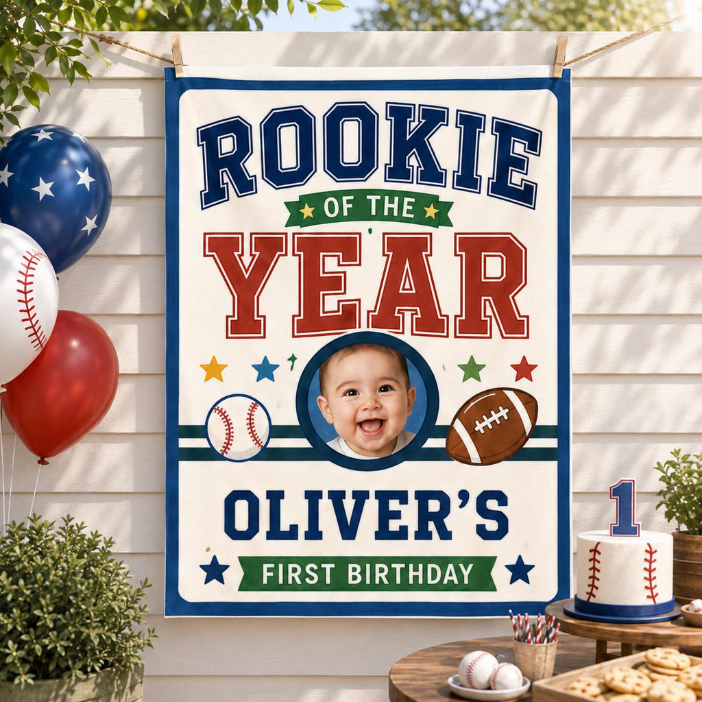 Personalized Rookie of the Year First Birthday Banner, Custom Photo Fabric Backdrop - product image 1
