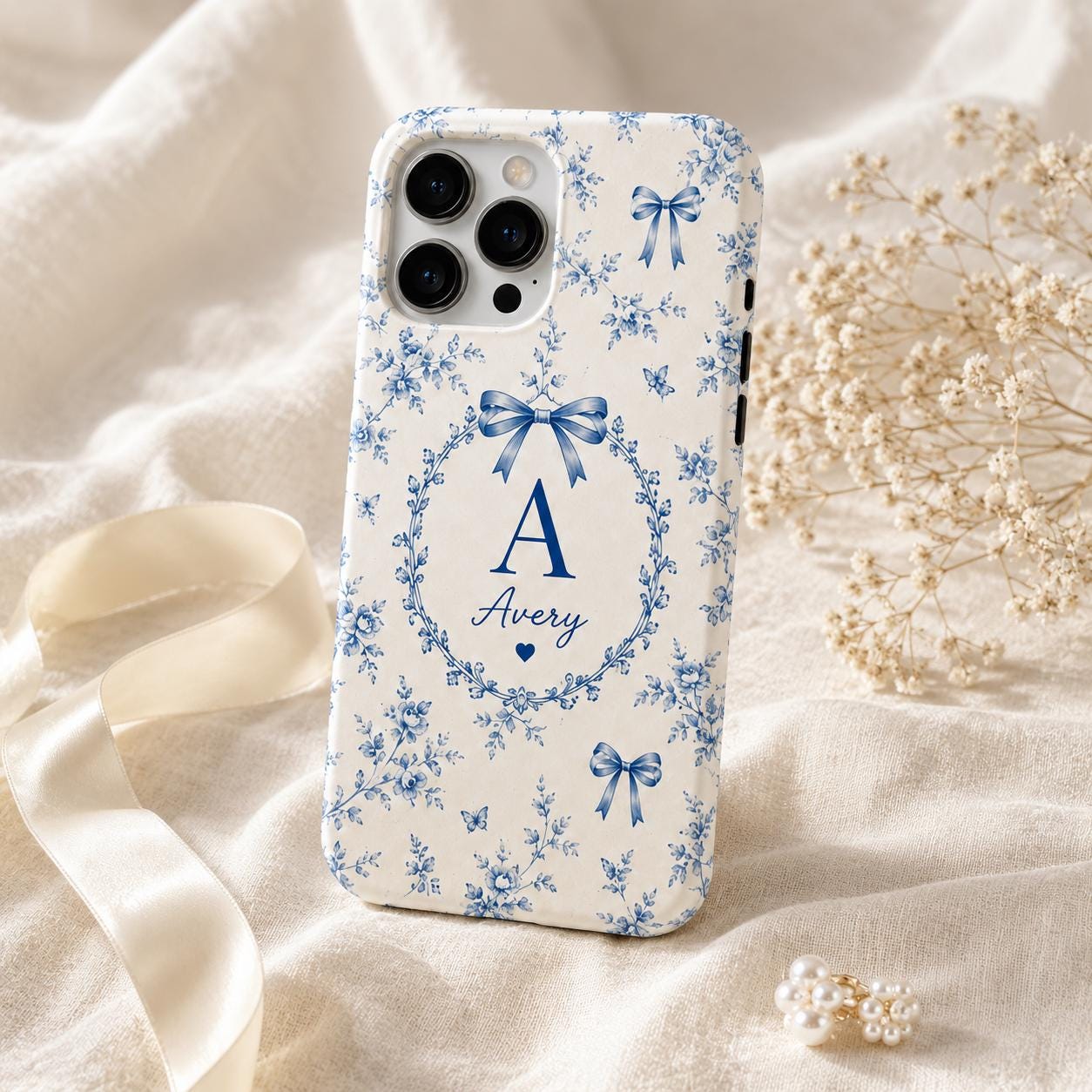 Personalized Bow Initial Phone Case, Custom Name Monogram Tough Case, Coquette Gift For Her