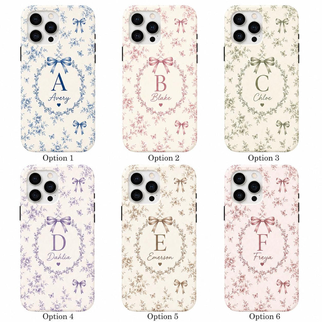 Personalized Bow Initial Phone Case, Custom Name Monogram Tough Case, Coquette Gift For Her