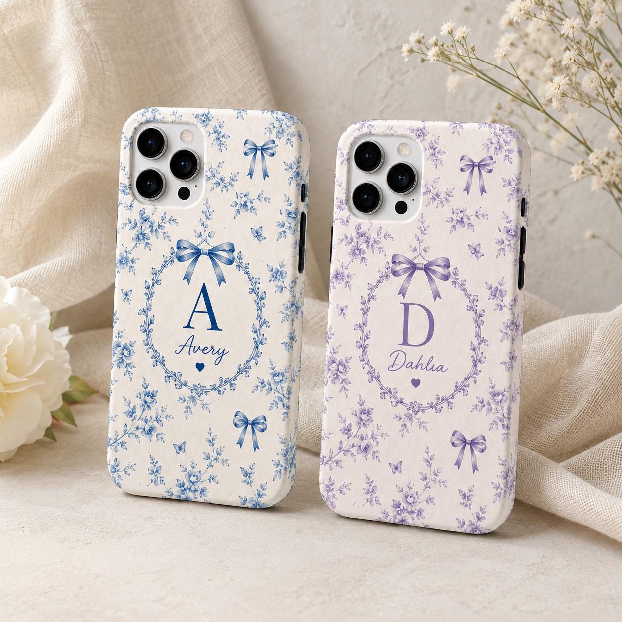 Personalized Bow Initial Phone Case, Custom Name Monogram Tough Case, Coquette Gift For Her