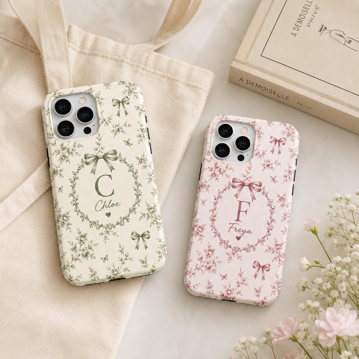 Personalized Bow Initial Phone Case, Custom Name Monogram Tough Case, Coquette Gift For Her