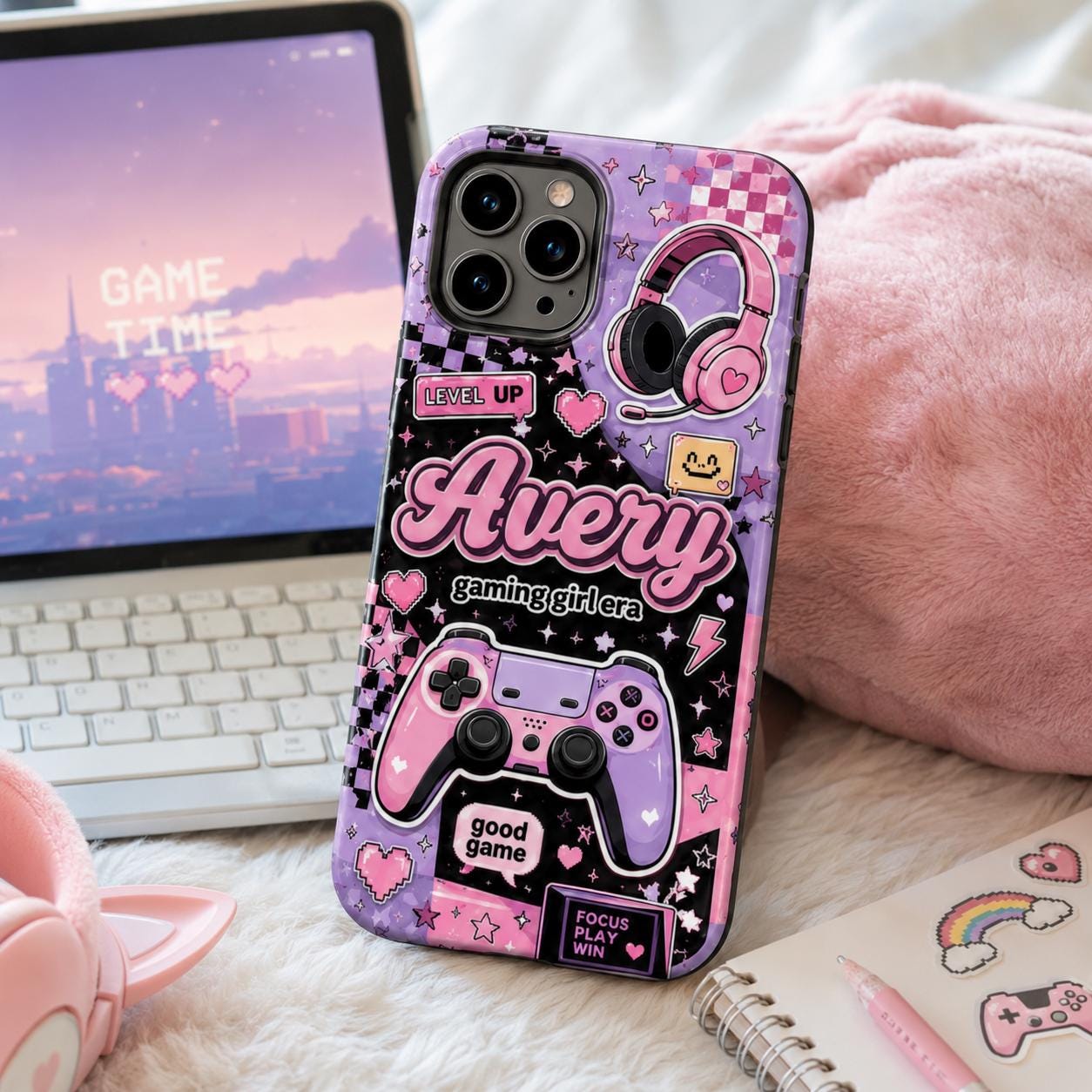 Personalized Gaming Phone Case, Custom Name Gamer Girl Tough, Pink Purple Gift