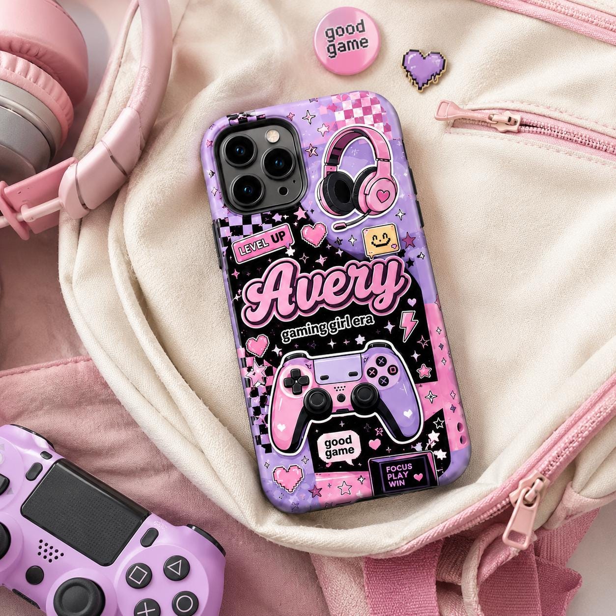 Personalized Gaming Phone Case, Custom Name Gamer Girl Tough, Pink Purple Gift