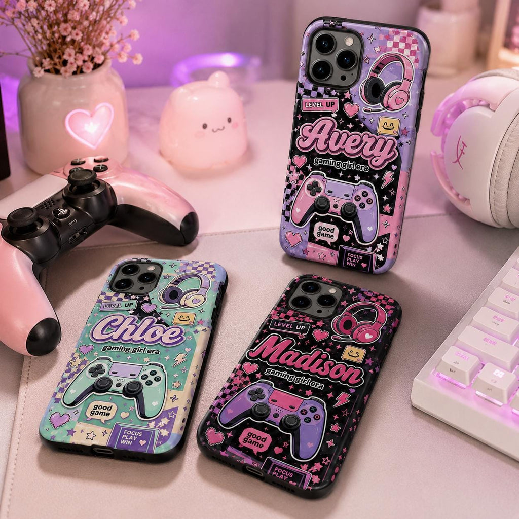 Personalized Gaming Phone Case, Custom Name Gamer Girl Tough, Pink Purple Gift