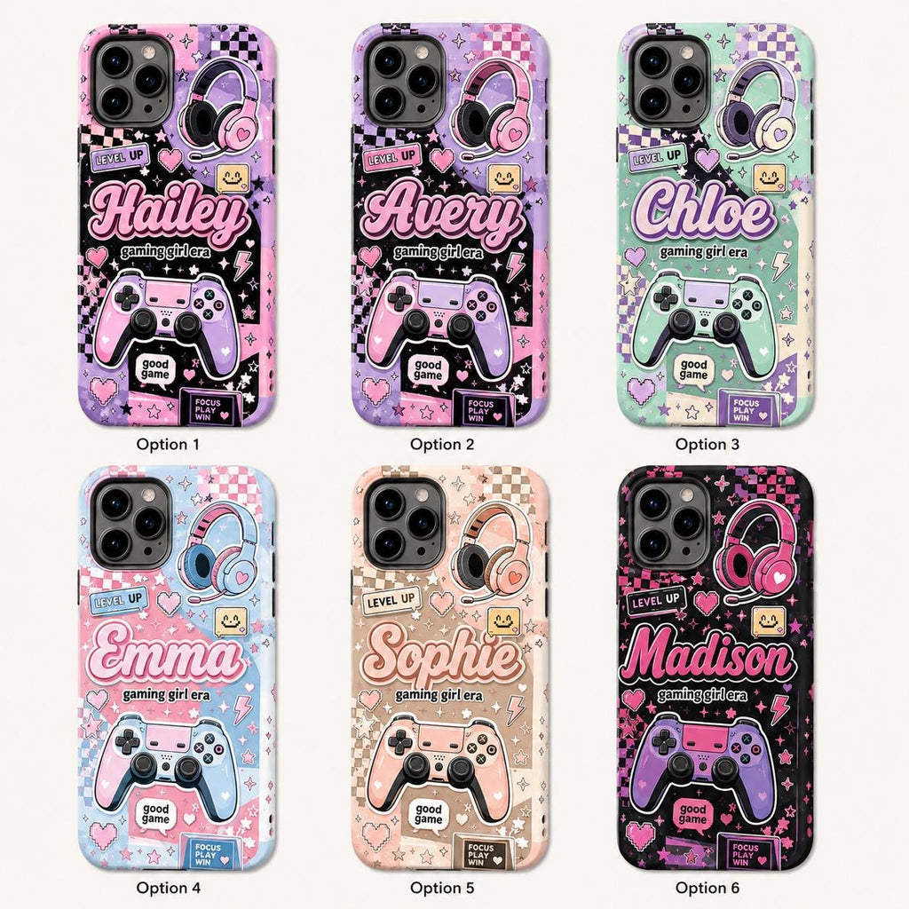 Personalized Gaming Phone Case, Custom Name Gamer Girl Tough, Pink Purple Gift