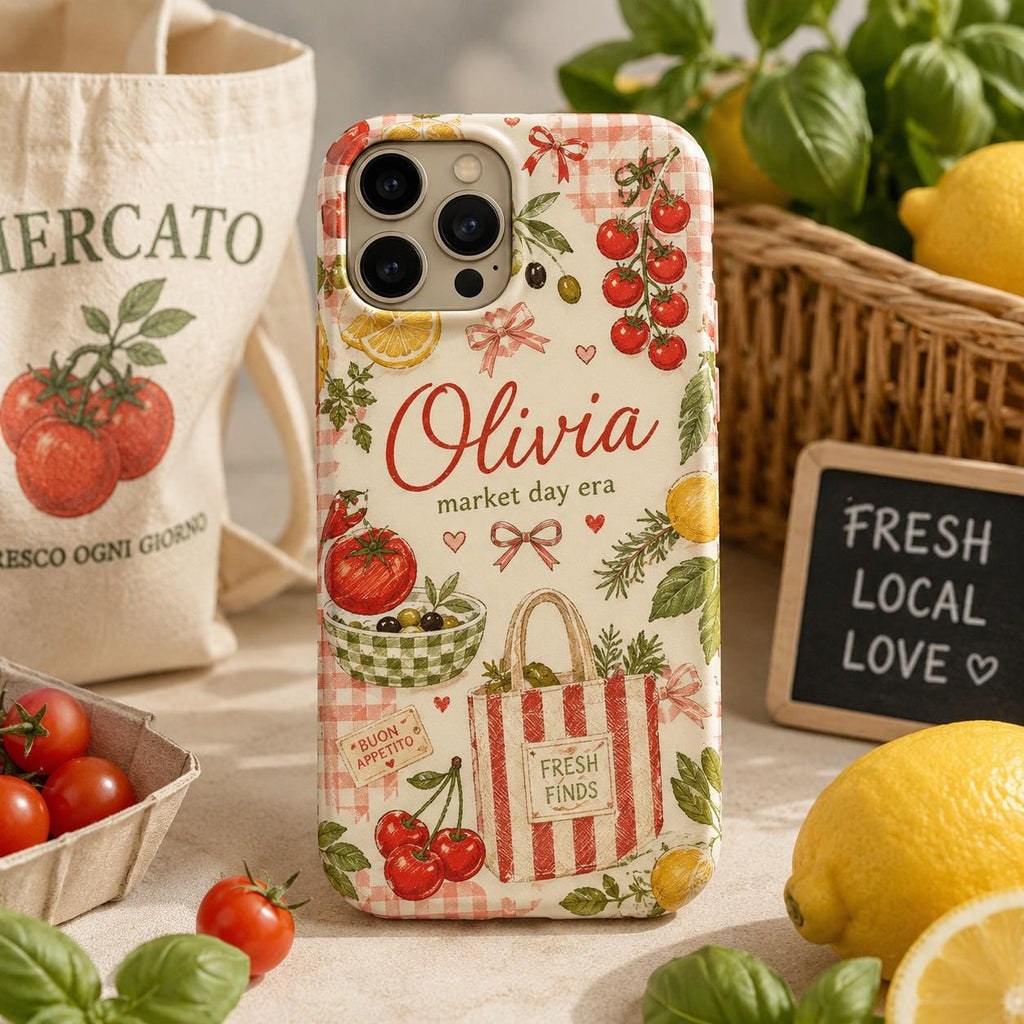 Personalized Market Day Phone Case, Custom Name Tough Case, Italian Summer Tomato Cafe Gift