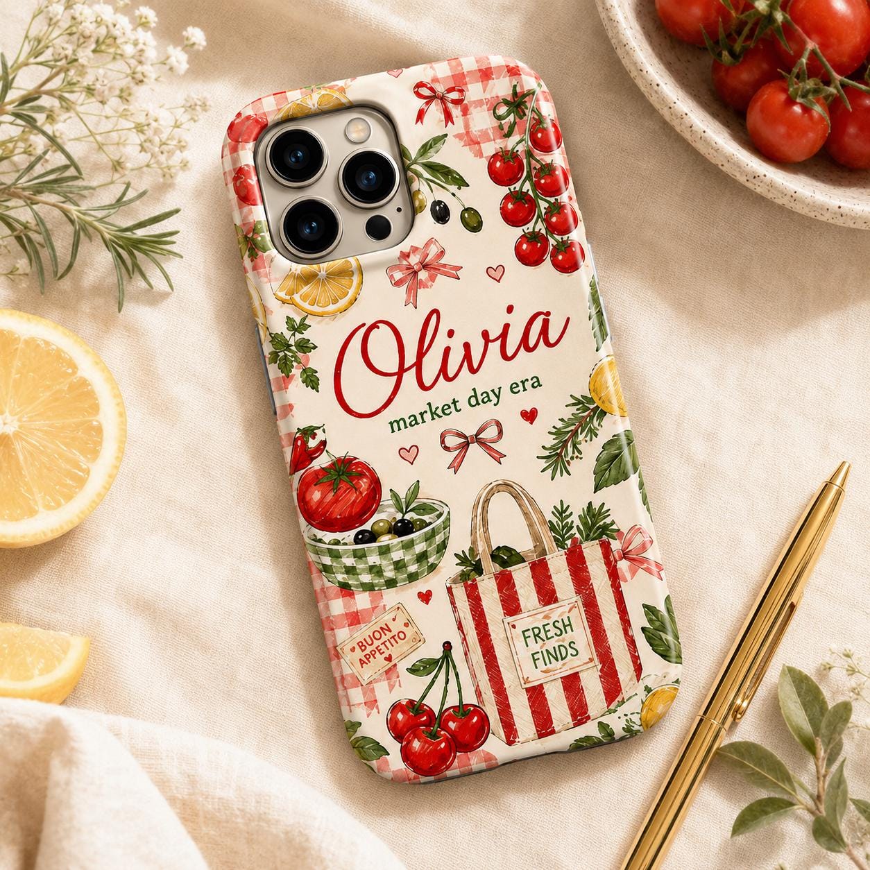 Personalized Market Day Phone Case, Custom Name Tough Case, Italian Summer Tomato Cafe Gift