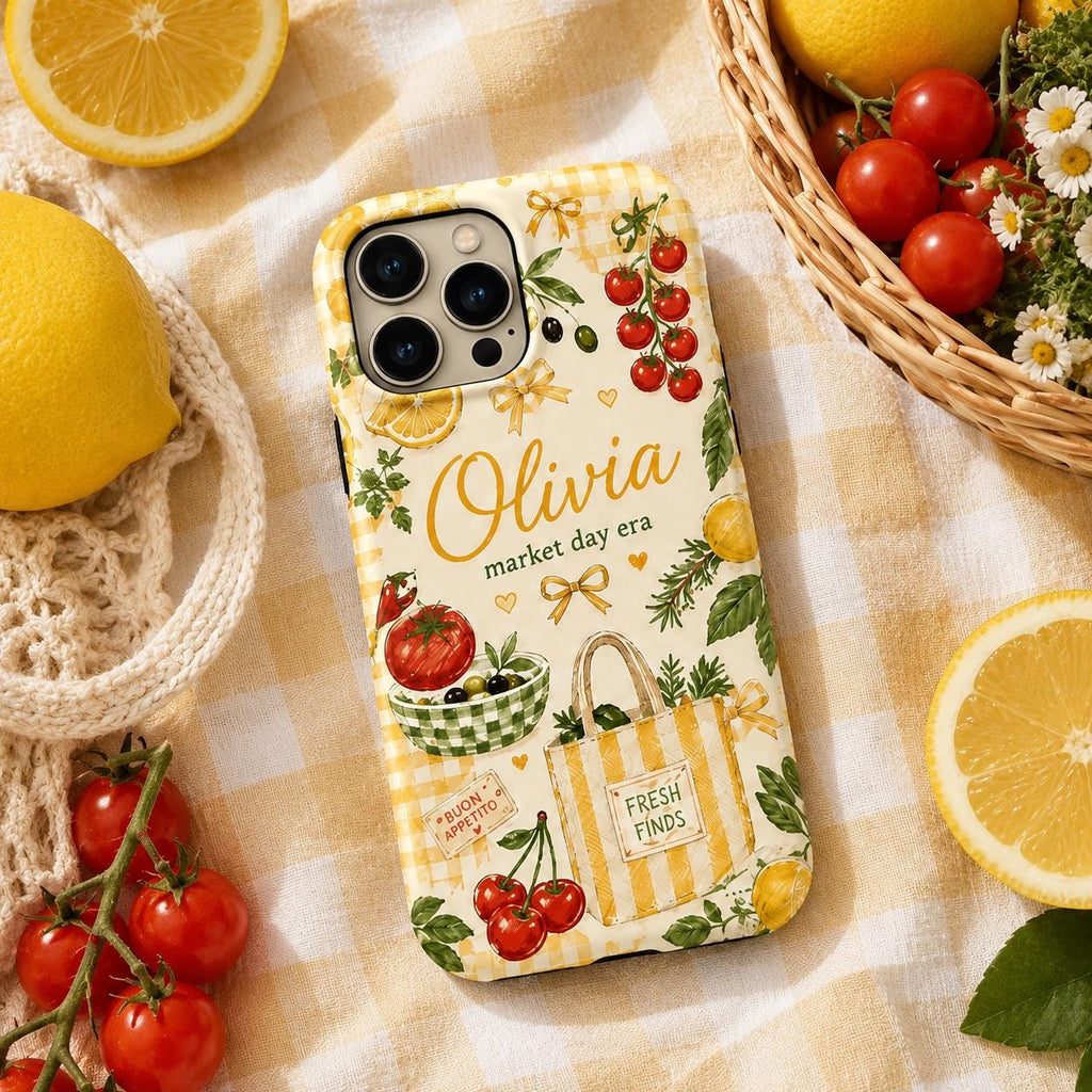 Personalized Market Day Phone Case, Custom Name Tough Case, Italian Summer Tomato Cafe Gift